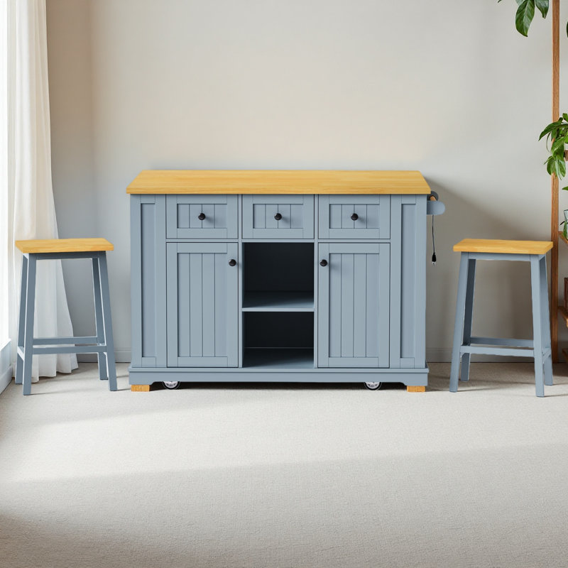 Grand îlot de cuisine avec 2 tabourets de bar, prise de courant, support de rangement interne pour porte, chariot de rangement pour cuisine sur 5 roulettes avec abattant