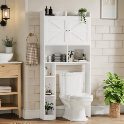 Over-the-Toilet Storage Cabinet with Double Doors and Open Shelves, Freestanding Bathroom Space Saver with Adjustable Shelf – White Toilet Organizer Rack