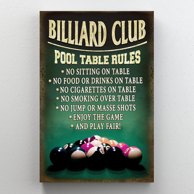 Billiard Club Balls - Pool Table Rules, No Sitting On Table - 1 Piece Rectangle Graphic Art Print On Wrapped Canvas