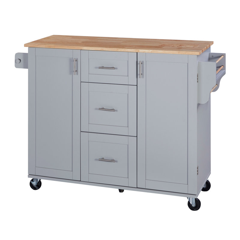 Rolling Kitchen Island With Storage, Kitchen Cart With Rubber Wood Top, 2 Slide-Out Shelf And Internal Storage Rack, Kitchen Island On Wheels With Spice Rack & Tower Rack