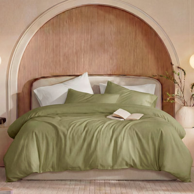 100% Washed Cotton Comforter Set Queen Size – Avocado Green, Linen-Like Texture, Soft & Breathable Bedding Set, 3-Piece Durable Percale Comforter