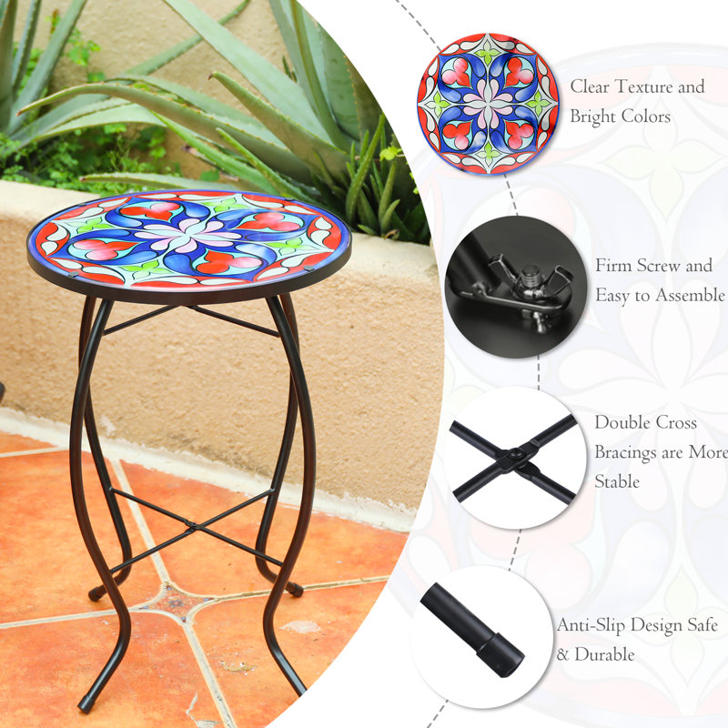 Table d'appoint d'extérieur, table d'appoint décorative, style bohémien, motif symétrique, couleurs vives, table d'appoint de patio de jardin, table d'appoint en verre, table de bout