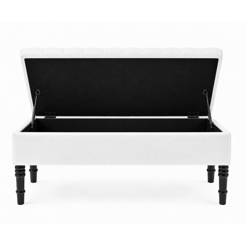 Cubed Tufted Rectangle Ottoman Storage Bench, Upholstered Plush Velvet Shoe Bench with Black Turned Wooden Legs, White Plush 