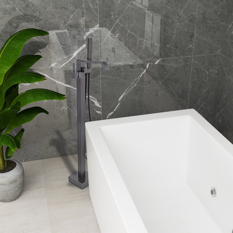 Robinet de baignoire autoportant à poignée simple avec douche à main, Bronze frotté à l'huile