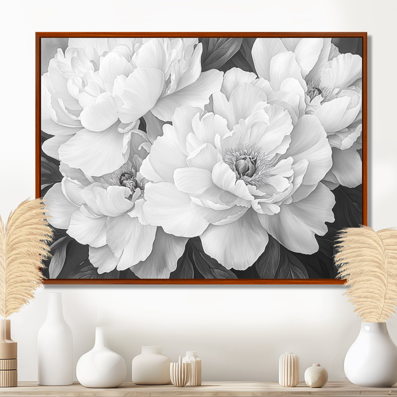 Pivoines en gris classique II - pivoines, art mural pour le salon, Brun, H 12 po x l 20 po, Impression encadrée flottante