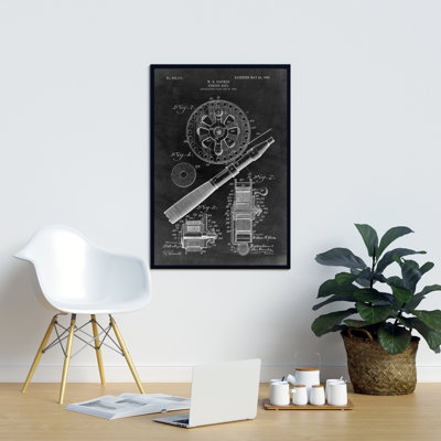 Vintage Livingroom Canvas | Black Blueprint Fishing Reel Decor