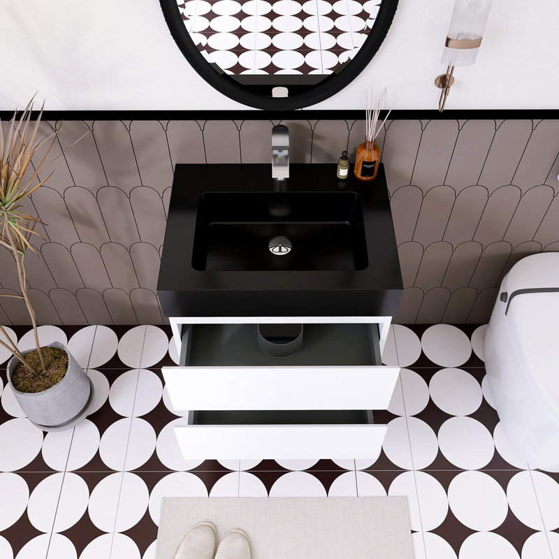 Meuble-lavabo simple 24 po avec plateau Kansiray, Blanc, Noir mat