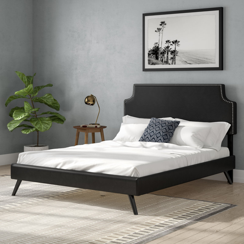 Laura Vinyl Platform Bed with Round Splayed Legs, White, Full