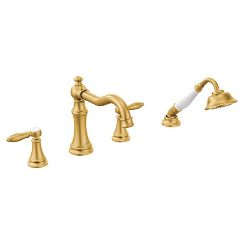 Weymouth Deck Roman Tub Faucet with Handshower, Brushed Gold