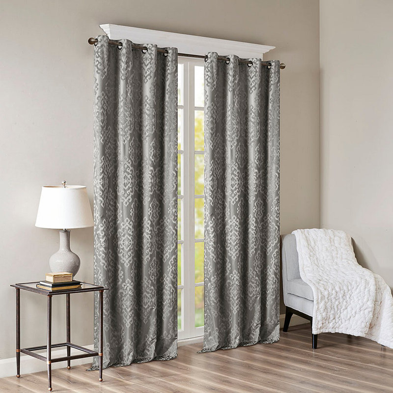 Knitted Jacquard Damask Total Blackout Grommet Top Curtain Panel(Only 1 Pc Panel), Charcoal, 50" W x 95" L