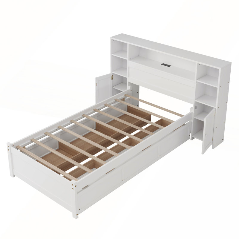 Lit de rangement blanc en bois avec grande tête de lit bibliothèque, Simple