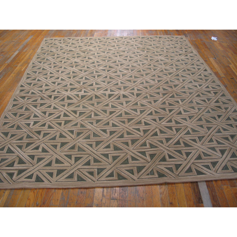 Tapis beige / vert en laine tissé à plat à la main de conception unique 8 pi x 10 pi