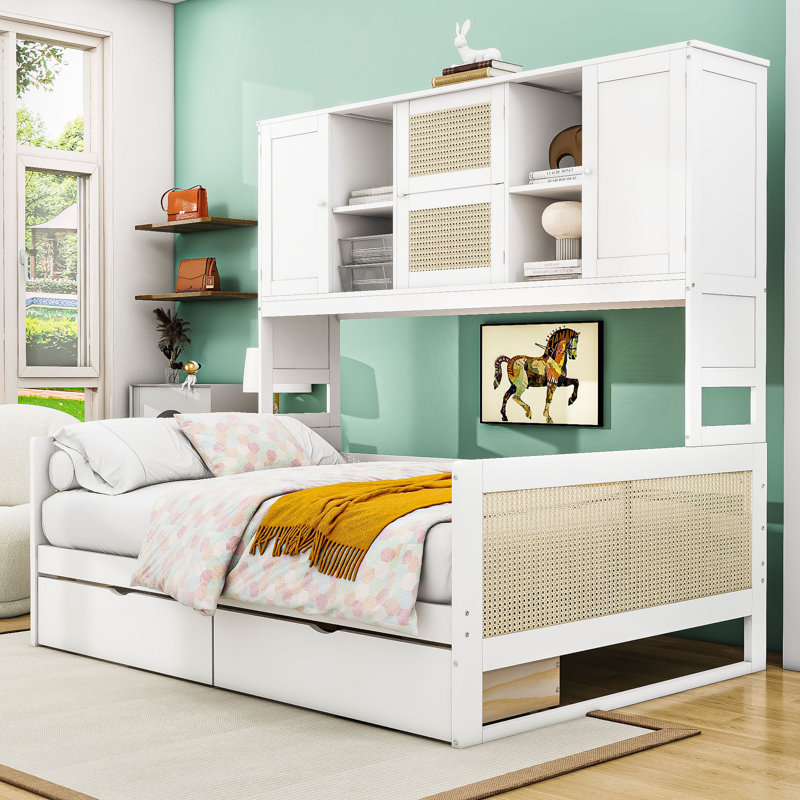Lit de jour en bois 2 tiroirs avec tablettes et armoire, Complet/Double, Blanc