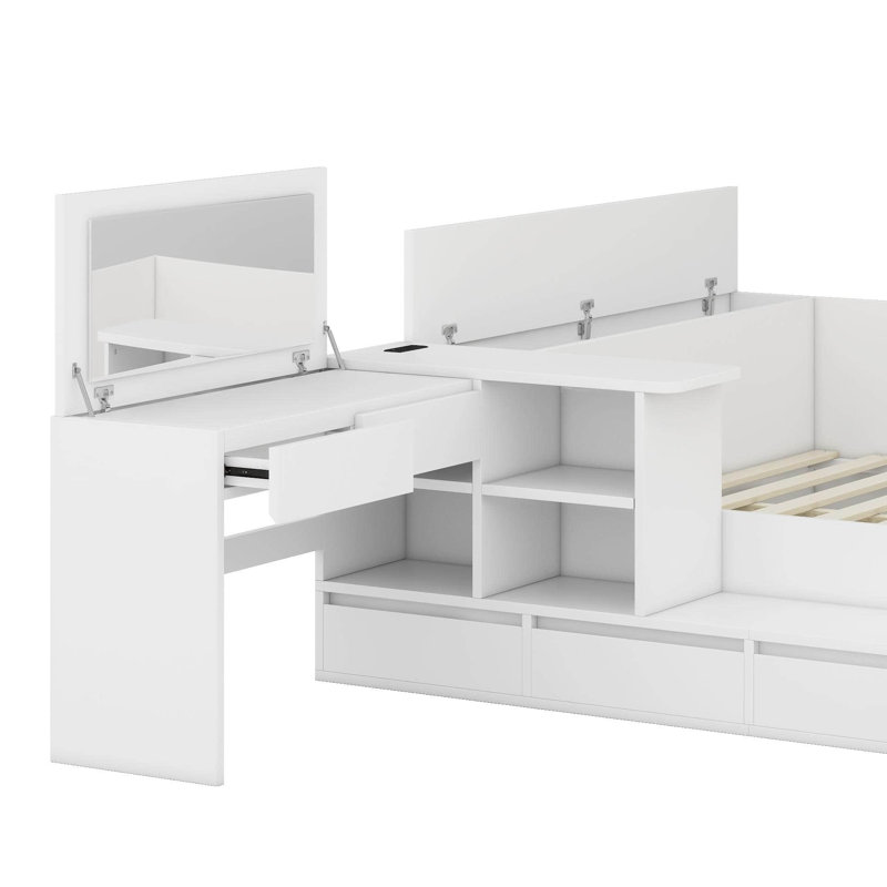 Lit plateforme double en bois avec tiroirs, tablettes et coiffeuse, Blanc