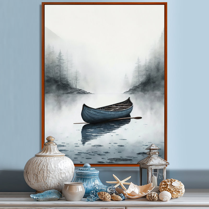 Canot sur le lac I - art mural grand bateau côtier, H 40 po x l 30 po, Cadre flottant brun