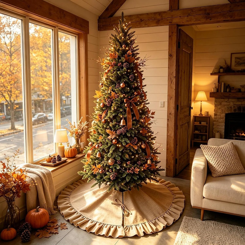 Burlap Christmas Tree Skirt with Ruffle Border, Rustic Farmhouse Holiday Decor