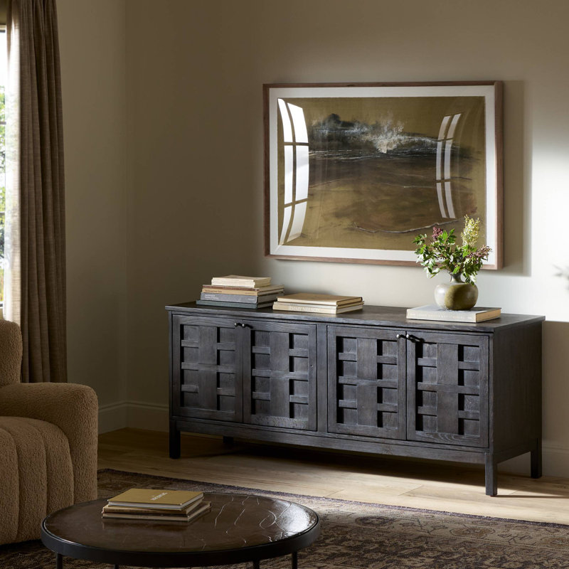 Alessio Media Console-Aged Natural Oak, Smoked Black
