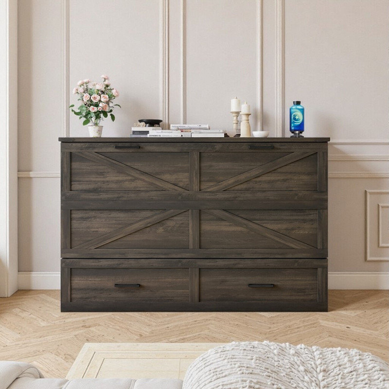 Queen Size Farmhouse Murphy Cabinet Bed With Foldable Platform Storage Drawer & Charging Station, Gray