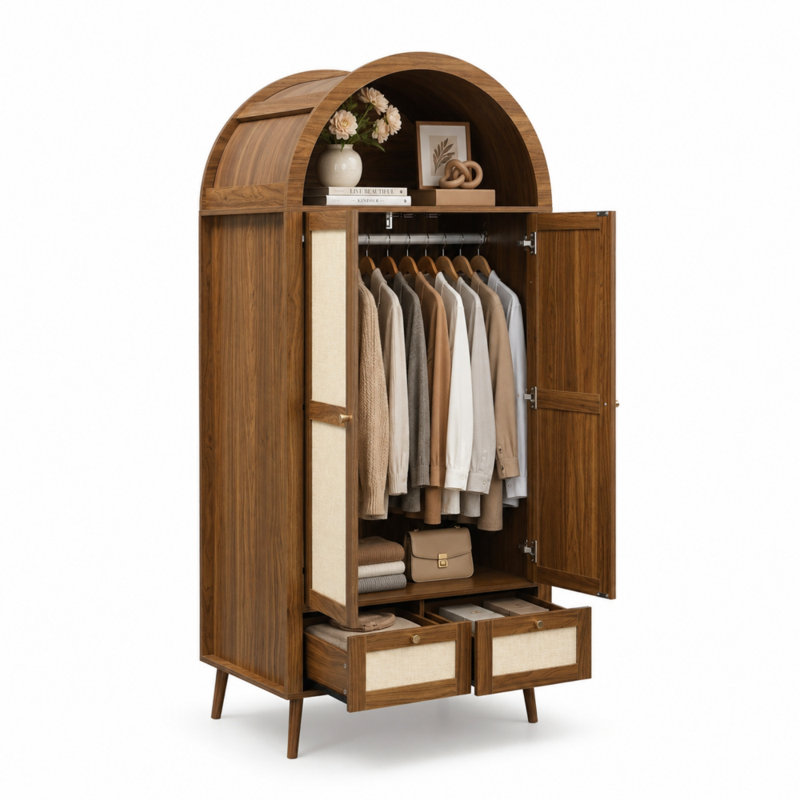 Arched Double Wardrobe with Rattan-Effect, 2 Doors, 2 Drawers, Hanging Rail & Display Shelf