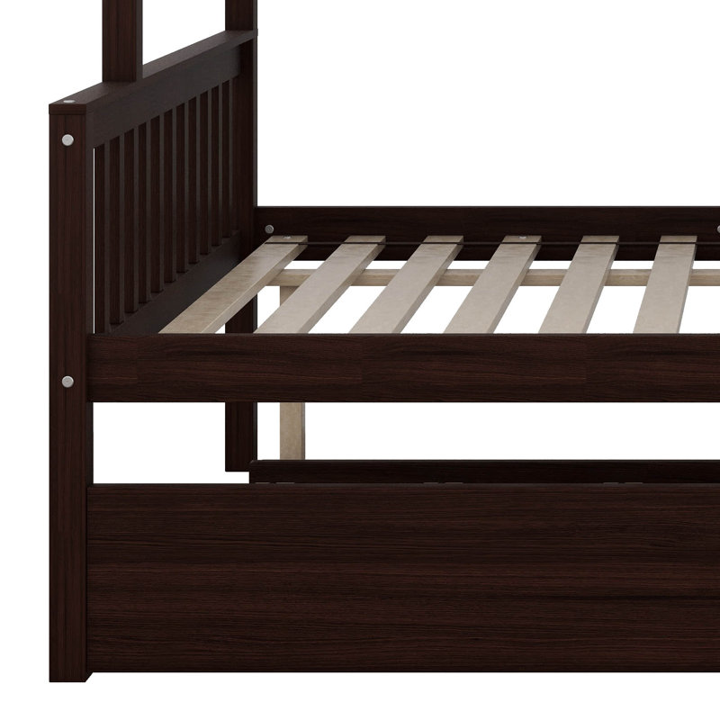 Twin Over Full Rubber Wood Bunk Bed With Trundle, Convertible Ladder And Guardrail, Detachable, Espresso, Twin Over Full