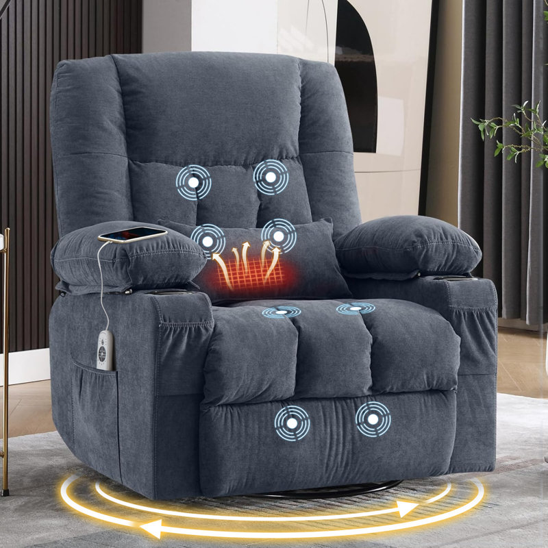 Fauteuil inclinable moderne bleu avec massage, chaleur et rangement pour le salon