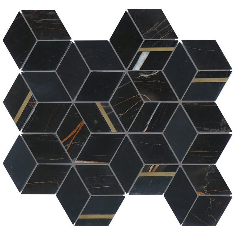 Natural Dorato Marble Mosaic Wall Tile, Black/Gold
