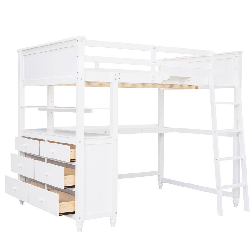 Lit mezzanine blanc avec bureau et tiroir - Rendez votre chambre à coucher plus organisée et élégante en bois massif pleine grandeur