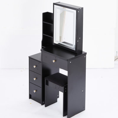 Petit meuble-lavabo avec miroir à DEL à commande tactile, tabouret rembourré à couleur et à luminosité réglables, noir
