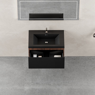 Meuble-lavabo flottant 30 po avec lavabo, meuble-lavabo mural rayé avec tiroirs à fermeture en douceur et cuve à sable en quartz noir, entièrement assemblé, noyer fumé