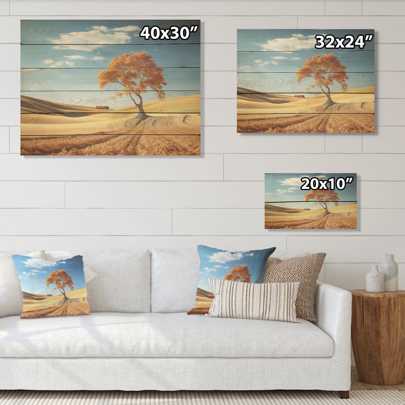 Countryside Tree Meadow Charm - Countryside Wood Wall Art On Natural Pine Wood, 30" H x 40" W