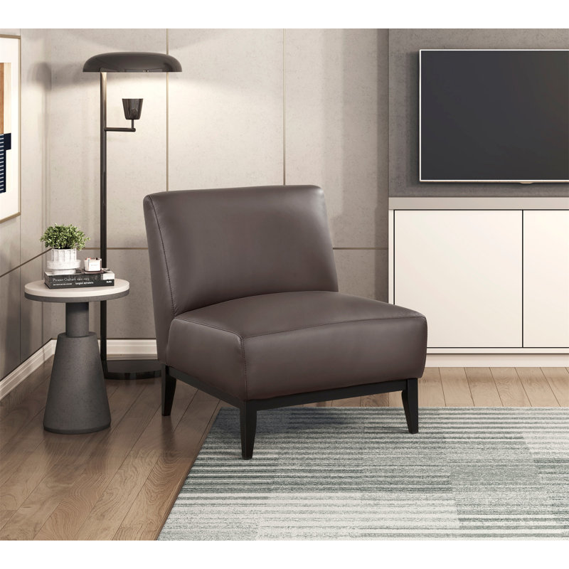Chaise d'appoint rembourrée en cuir avec dossier brun et dossier en bois massif, Marron foncé