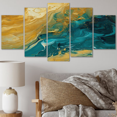 Golden Sunshine In Deep Blue Ocean Abstract - Abstract Wall Art Print - 5 Panels