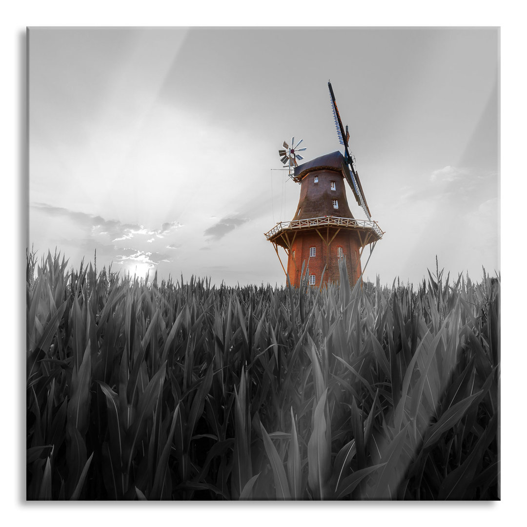 Glasbild Schöne Windmühle in einem Feld