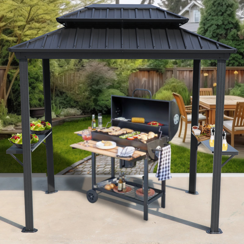 Kozyard 6' x 8' BBQ Hardtop Grill Gazebo, Outdoor Grill Shelter with Double-Tier Galvanized Steel Roof, Aluminum Frame and 2 Built-in Steel Side Shelves for Outdoor Grilling Station, Gray