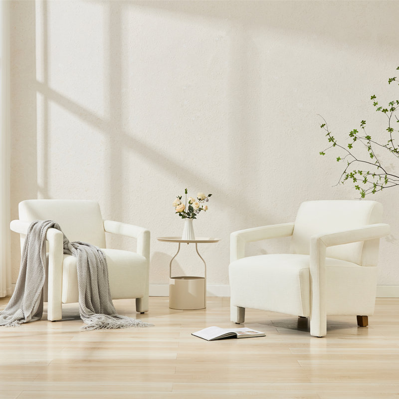 29.9" W Chenille Upholstered Armchair with Solid Wood Frame, White Chenille