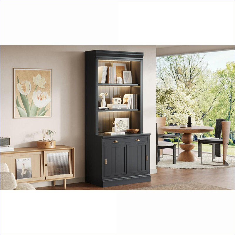 Bibliothèques | Bibliothèque de rangement moderne de 83,4 po de hauteur avec éclairage DEL 3 pièces, portes coulissantes, tablettes ouvertes pour le bureau à domicile | Noir | Bois massif + panneau de fibres à densité moyenne
