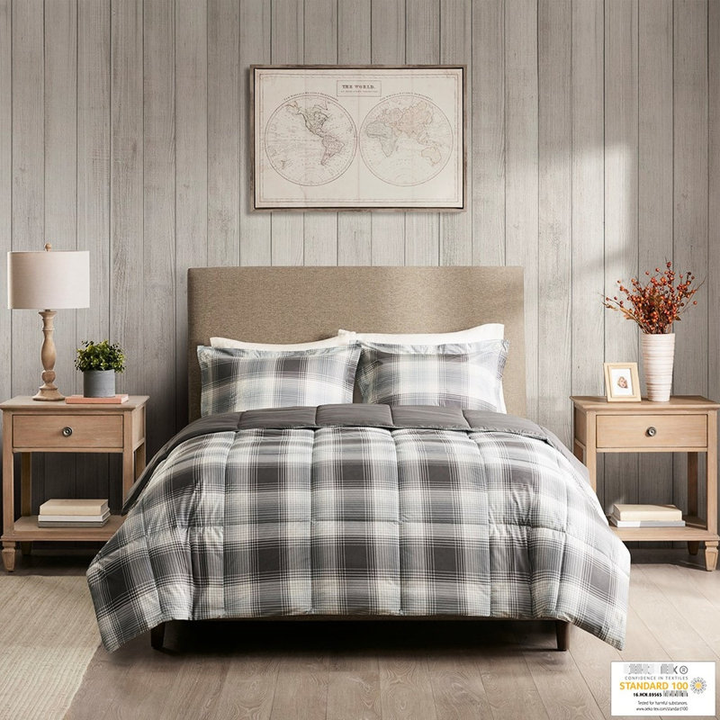 Édredon en duvet synthétique double / grand - Tissu écossais gris imprimé toutes saisons avec deux taies décoratives, rembourrage lavable à la machine et 2 assortis