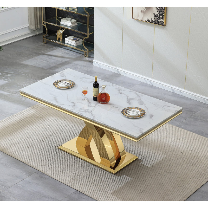 68.11" White Marble Dining Table, Modern Luxury Faux Marble Table with Sickle-Shaped Stainless Steel Pedestal, Rectangular Dining Room Table with 0.71" Thick Printed Marble Top