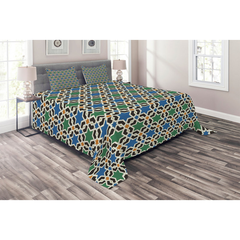 Morrocan Eclectic Polyester Ikat Coverlet, King Bedspread + 2 Shams, Green Geometric