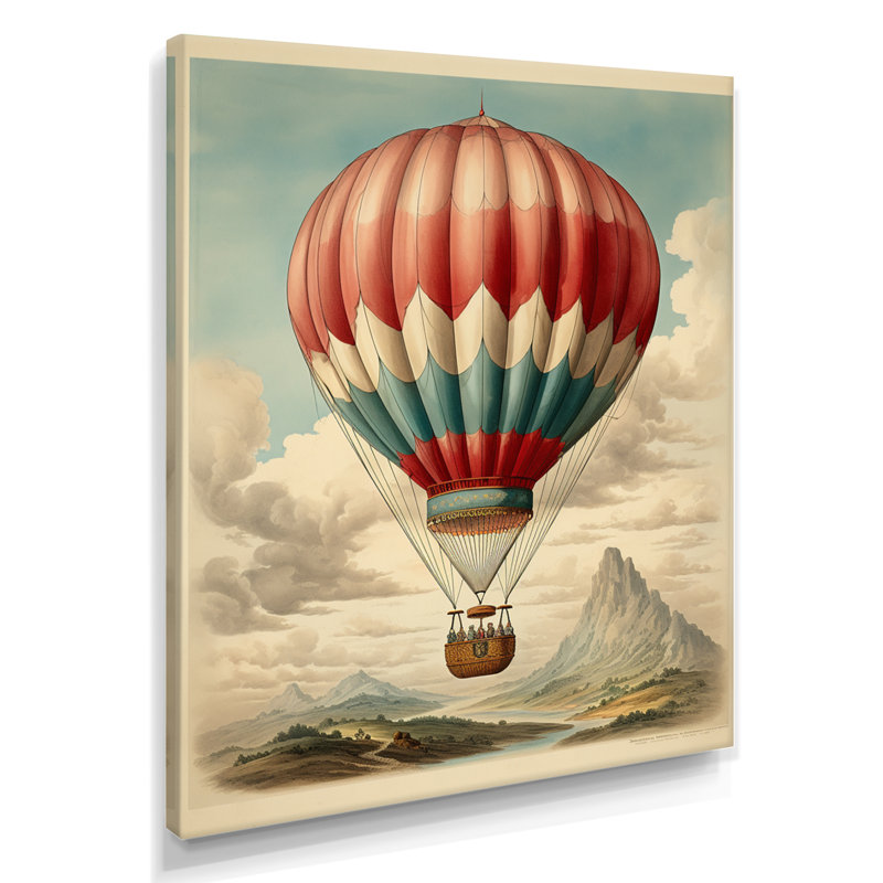 Illustration rétro montgolfière au-dessus des montagnes - montgolfière, art mural, Toile tendue, H 20 po x l 12 po x P 1 po