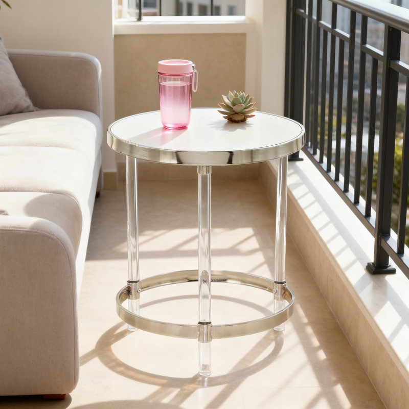 Table d'appoint moderne en acrylique avec plateau en verre miroitant, structure en fer robuste et design minimaliste pour le salon, la chambre à coucher ou le bureau