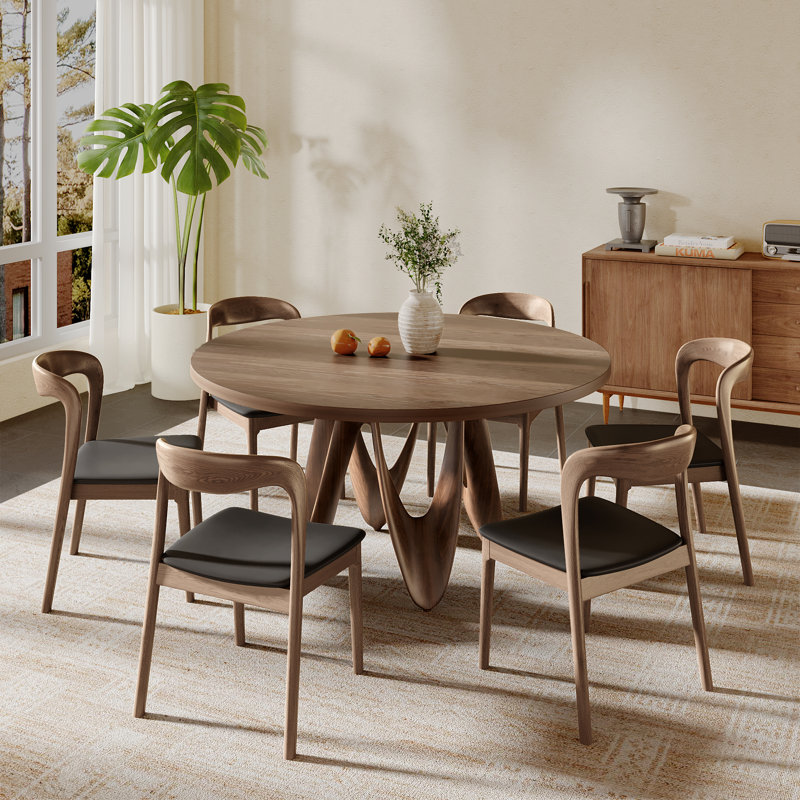 Table de salle à manger ronde en bois massif de couleur noyer avec base courbée artistique, table de salle à manger contemporaine jusqu'à 8 personnes