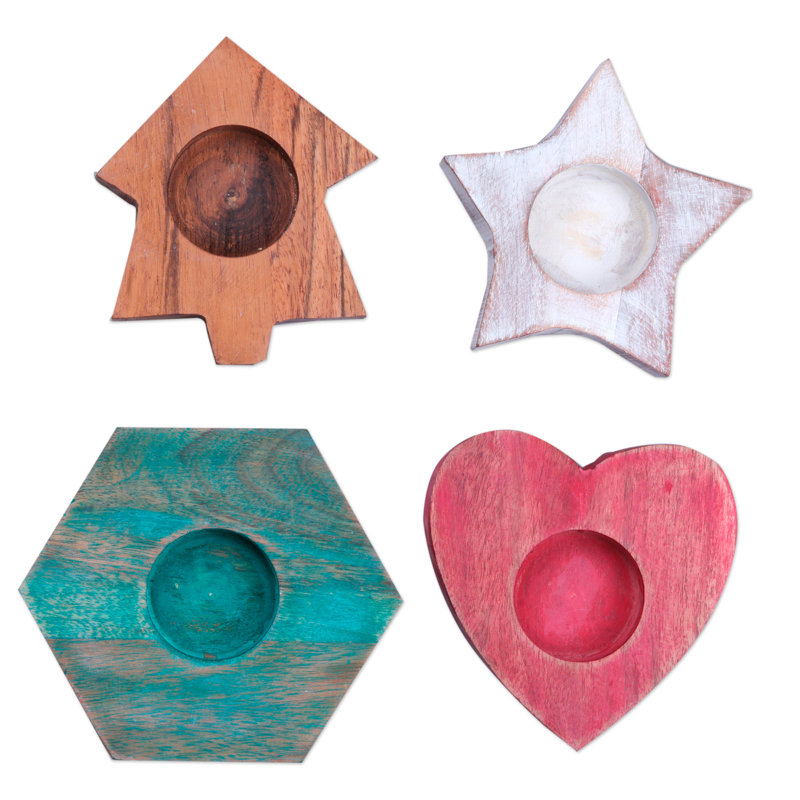 Gracie Oaks Handmade Cozy Glitter Wood Tealight Candle Holders (Set Of 4)