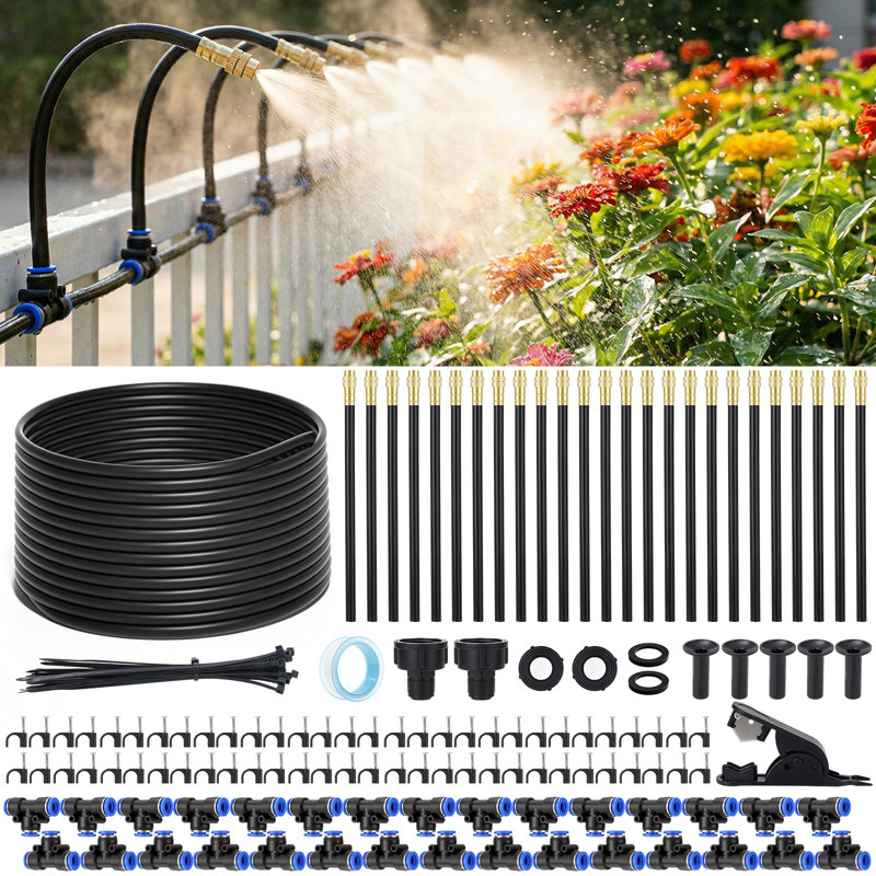 100FT 5/16" Drip Irrigation System,Garden Irrigation Kit with 25pcs 360°Adjustable Bendable Copper Misting Nozzles,Atomizing Watering System for Lawn, Raised Bed,Greenhouse,Outdoor Cooling