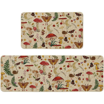 Artoid Mode Kitchen Mat Set – [Color Not Specified] – 2-Piece, Low-Profile, Mushrooms & Butterfly Spring Design, Home Decor, Kitchen Floor Use
