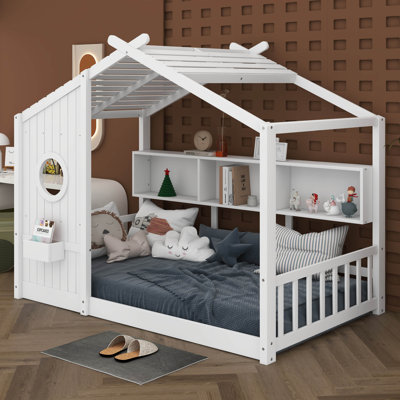 Twin Size Wooden Floor House Bed With Storage Shelf, Modern Design Kids Bed Frame With Roof And Window, Wood Slat Support