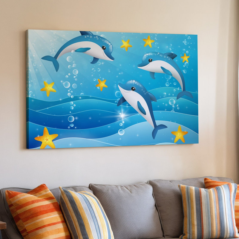 Toile, une scène sous-marine fantaisiste mettant en vedette trois dauphins ludiques avec art mural, H 30 po x l 30 po