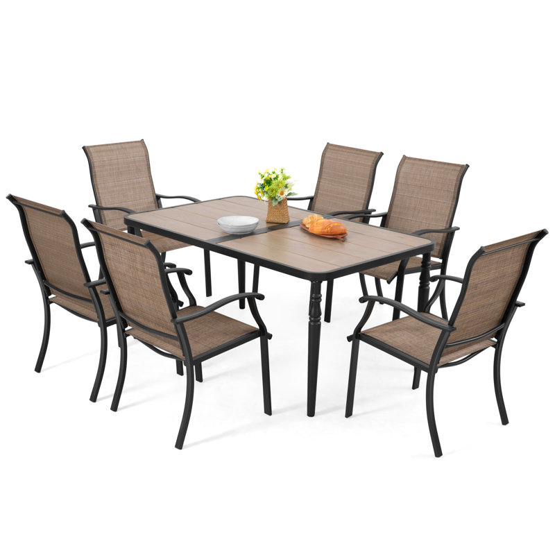 Patio PVC-coated polyester Dining Set Of 7 With Umbrella Hole, Wood-grain Tabletop, Brown