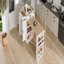 Console d'îlot extensible, avec tiroirs, armoire à deux portes et tablettes ouvertes, sert de table de salle à manger, de bar à déjeuner temporaire et de salon de thé l'après-midi-749249092-749249090