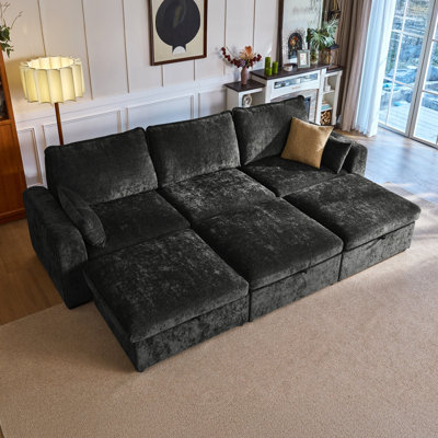 Canapé-lit modulaire surdimensionné 6 places en chenille confortable avec rangement, canapé-lit modulaire convertible profond avec 3 repose-pieds